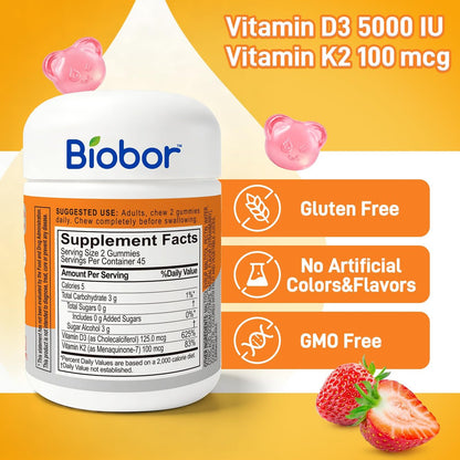 Biobor Natürliche Vitamin D3 K2 Gummibärchen, 5000 IE Vitamin D3 & 100 mcg Vitamin K2 (MK-7), Unterstützt gesunde Knochen und Immunsystem, ohne Zuckerzusatz, GMO-frei, glutenfrei (Erdbeere, 90 Stück)