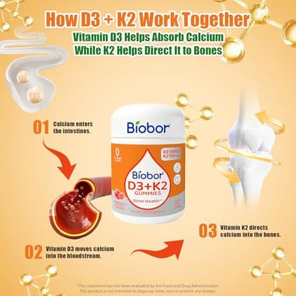 Biobor Natürliche Vitamin D3 K2 Gummibärchen, 5000 IE Vitamin D3 & 100 mcg Vitamin K2 (MK-7), Unterstützt gesunde Knochen und Immunsystem, ohne Zuckerzusatz, GMO-frei, glutenfrei (Erdbeere, 90 Stück)