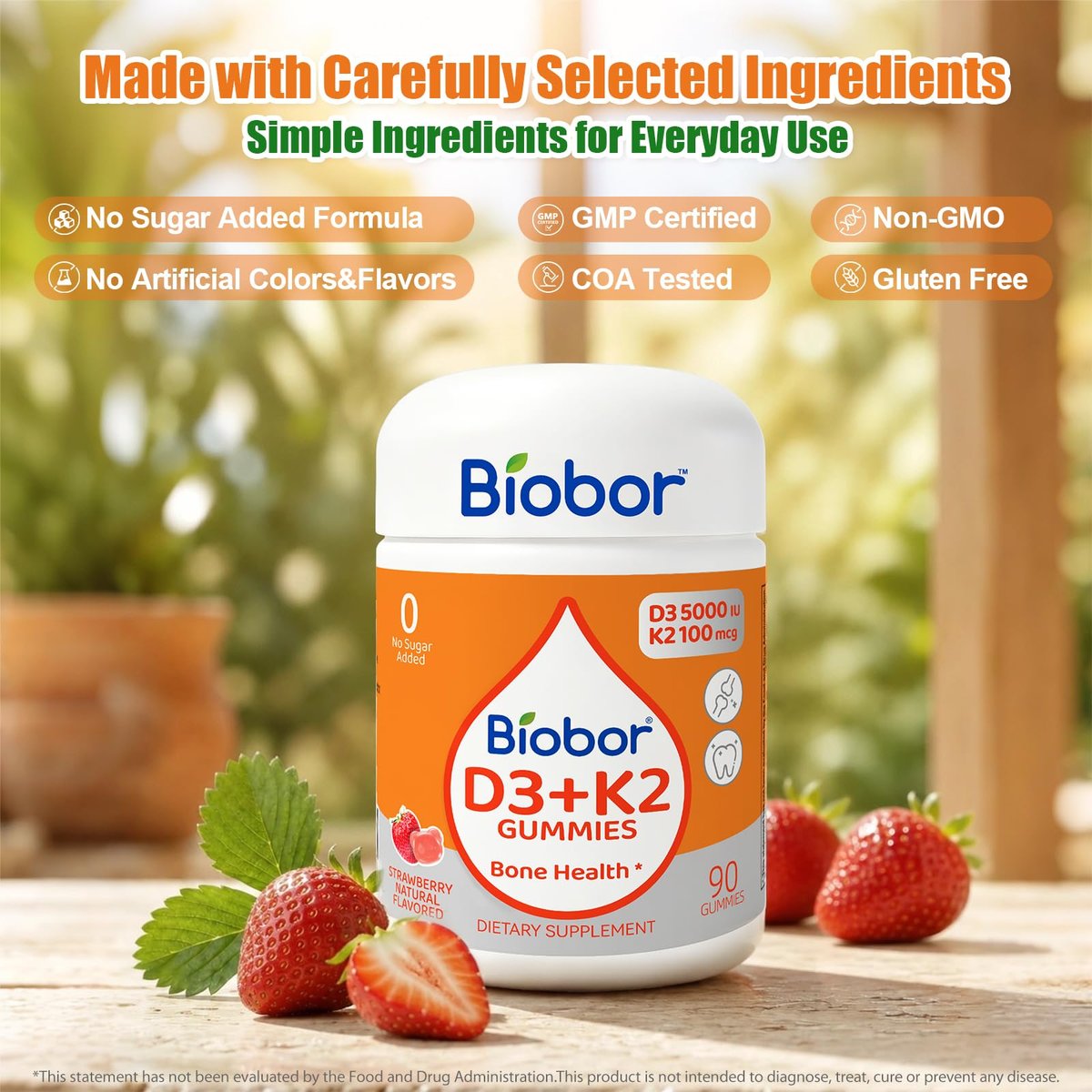 Biobor Natürliche Vitamin D3 K2 Gummibärchen, 5000 IE Vitamin D3 & 100 mcg Vitamin K2 (MK-7), Unterstützt gesunde Knochen und Immunsystem, ohne Zuckerzusatz, GMO-frei, glutenfrei (Erdbeere, 90 Stück)