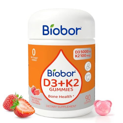 Biobor Natürliche Vitamin D3 K2 Gummibärchen, 5000 IE Vitamin D3 & 100 mcg Vitamin K2 (MK-7), Unterstützt gesunde Knochen und Immunsystem, ohne Zuckerzusatz, GMO-frei, glutenfrei (Erdbeere, 90 Stück)