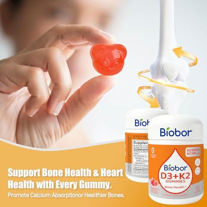 Biobor Natürliche Vitamin D3 K2 Gummibärchen, 5000 IE Vitamin D3 & 100 mcg Vitamin K2 (MK-7), Unterstützt gesunde Knochen und Immunsystem, ohne Zuckerzusatz, GMO-frei, glutenfrei (Erdbeere, 90 Stück)