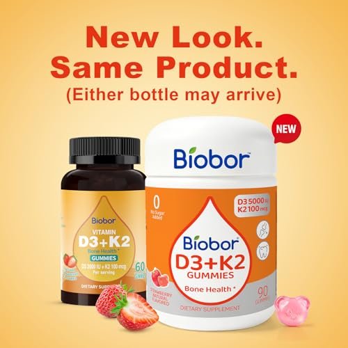 Biobor Natürliche Vitamin D3 K2 Gummibärchen, 5000 IE Vitamin D3 & 100 mcg Vitamin K2 (MK-7), Unterstützt gesunde Knochen und Immunsystem, ohne Zuckerzusatz, GMO-frei, glutenfrei (Erdbeere, 90 Stück)