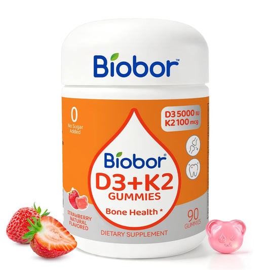 Biobor Natürliche Vitamin D3 K2 Gummibärchen, 5000 IE Vitamin D3 & 100 mcg Vitamin K2 (MK-7), Unterstützt gesunde Knochen und Immunsystem, ohne Zuckerzusatz, GMO-frei, glutenfrei (Erdbeere, 90 Stück)