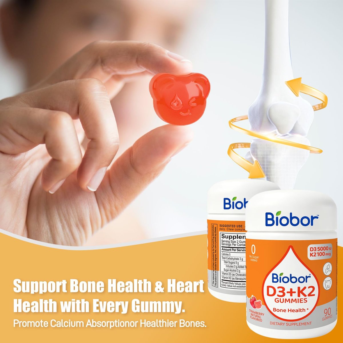 Biobor Natürliche Vitamin D3 K2 Gummibärchen, 5000 IE Vitamin D3 & 100 mcg Vitamin K2 (MK-7), Unterstützt gesunde Knochen und Immunsystem, ohne Zuckerzusatz, GMO-frei, glutenfrei (Erdbeere, 90 Stück)