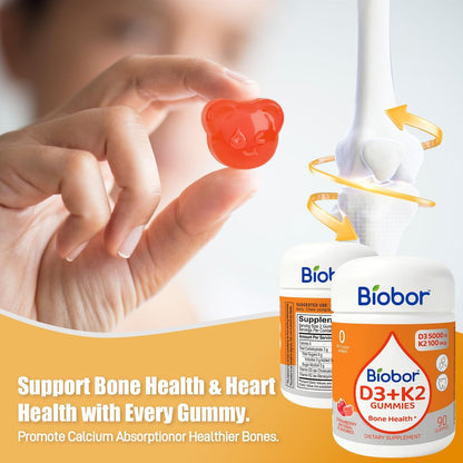 Biobor Natürliche Vitamin D3 K2 Gummibärchen, 5000 IE Vitamin D3 & 100 mcg Vitamin K2 (MK-7), Unterstützt gesunde Knochen und Immunsystem, ohne Zuckerzusatz, GMO-frei, glutenfrei (Erdbeere, 90 Stück)