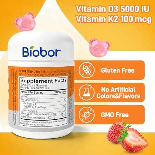 Biobor Natürliche Vitamin D3 K2 Gummibärchen, 5000 IE Vitamin D3 & 100 mcg Vitamin K2 (MK-7), Unterstützt gesunde Knochen und Immunsystem, ohne Zuckerzusatz, GMO-frei, glutenfrei (Erdbeere, 90 Stück)