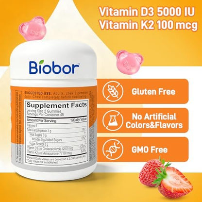 Biobor Natürliche Vitamin D3 K2 Gummibärchen, 5000 IE Vitamin D3 & 100 mcg Vitamin K2 (MK-7), Unterstützt gesunde Knochen und Immunsystem, ohne Zuckerzusatz, GMO-frei, glutenfrei (Erdbeere, 90 Stück)