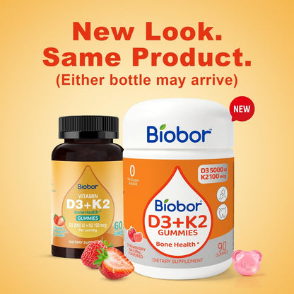 Biobor Natürliche Vitamin D3 K2 Gummibärchen, 5000 IE Vitamin D3 & 100 mcg Vitamin K2 (MK-7), Unterstützt gesunde Knochen und Immunsystem, ohne Zuckerzusatz, GMO-frei, glutenfrei (Erdbeere, 90 Stück)