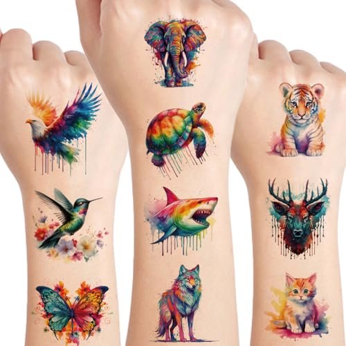 UVUXO Wasserfarben Tiere Temporäre Tattoos für Kinder - 60 Stile, Temporäre Tattoos für Mädchen, Jungen, Körper, Arme, Schulter, Geburtstagsparty-Deko, Geschenke für Kinder