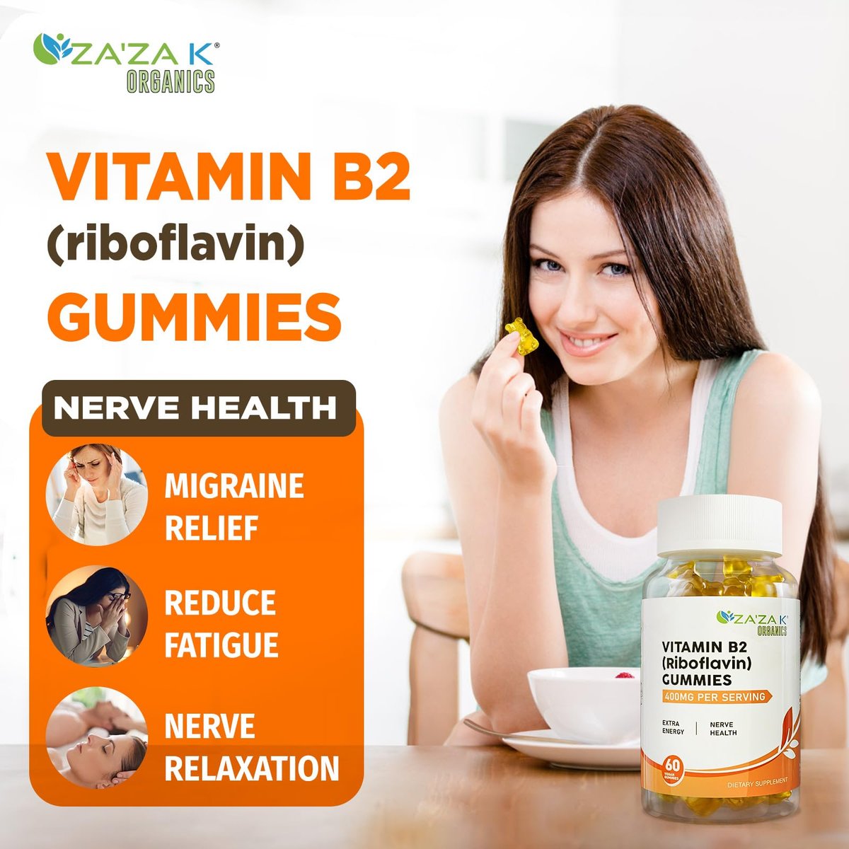 ZA'ZA K ORGANICS Vitamin B2 Gummis – Riboflavin 400 mg für Kinder & Erwachsene, vegane Vitamin B2 Nahrungsergänzung, Energieunterstützung & Nervengesundheit, 60 Gummis