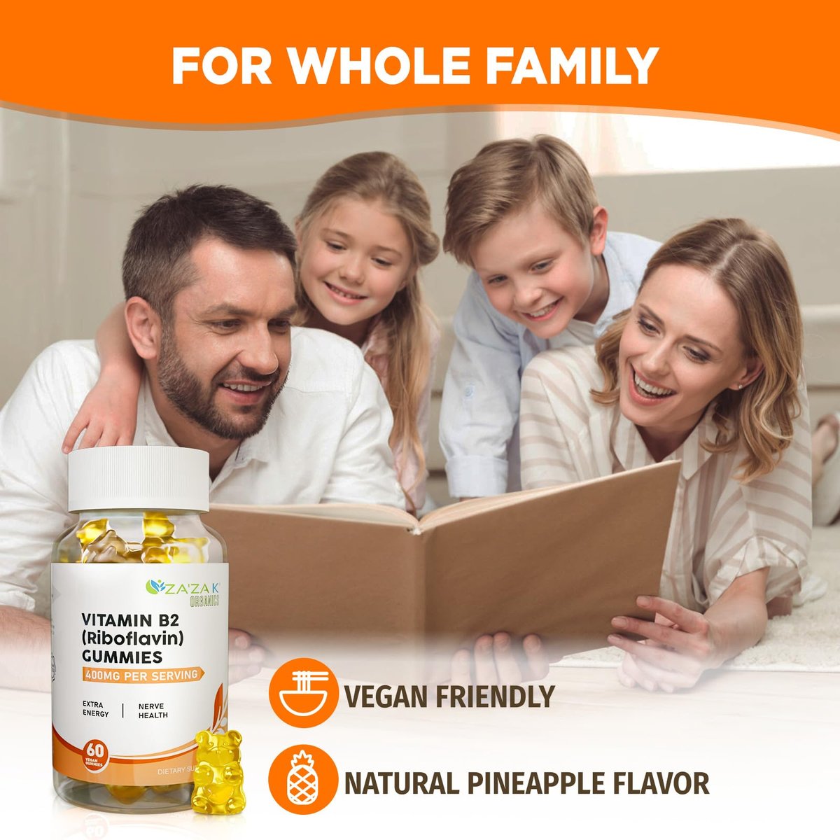 ZA'ZA K ORGANICS Vitamin B2 Gummis – Riboflavin 400 mg für Kinder & Erwachsene, vegane Vitamin B2 Nahrungsergänzung, Energieunterstützung & Nervengesundheit, 60 Gummis