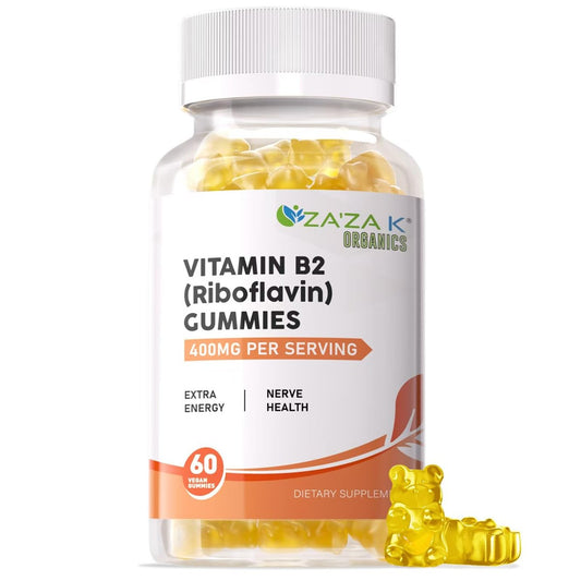 ZA'ZA K ORGANICS Vitamin B2 Gummis – Riboflavin 400 mg für Kinder & Erwachsene, vegane Vitamin B2 Nahrungsergänzung, Energieunterstützung & Nervengesundheit, 60 Gummis