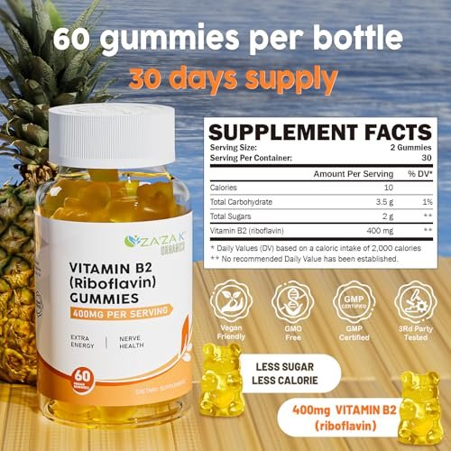 ZA'ZA K ORGANICS Vitamin B2 Gummis – Riboflavin 400 mg für Kinder & Erwachsene, vegane Vitamin B2 Nahrungsergänzung, Energieunterstützung & Nervengesundheit, 60 Gummis