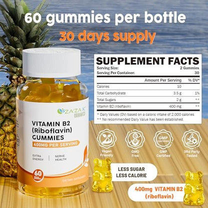 ZA'ZA K ORGANICS Vitamin B2 Gummis – Riboflavin 400 mg für Kinder & Erwachsene, vegane Vitamin B2 Nahrungsergänzung, Energieunterstützung & Nervengesundheit, 60 Gummis