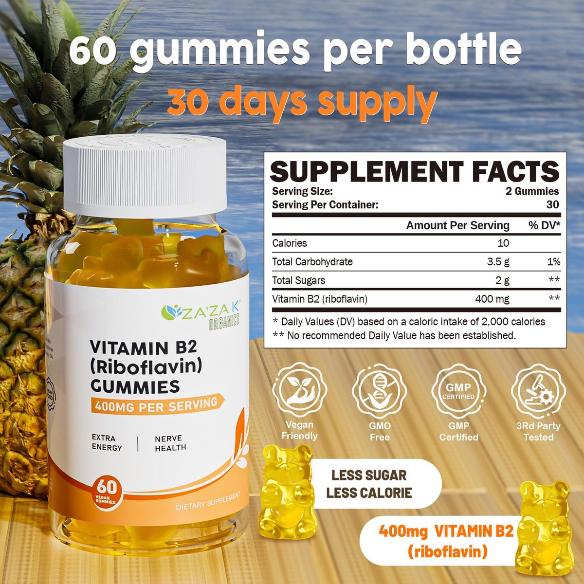 ZA'ZA K ORGANICS Vitamin B2 Gummis – Riboflavin 400 mg für Kinder & Erwachsene, vegane Vitamin B2 Nahrungsergänzung, Energieunterstützung & Nervengesundheit, 60 Gummis