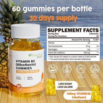 ZA'ZA K ORGANICS Vitamin B2 Gummis – Riboflavin 400 mg für Kinder & Erwachsene, vegane Vitamin B2 Nahrungsergänzung, Energieunterstützung & Nervengesundheit, 60 Gummis