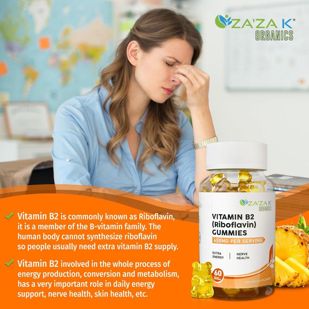 ZA'ZA K ORGANICS Vitamin B2 Gummis – Riboflavin 400 mg für Kinder & Erwachsene, vegane Vitamin B2 Nahrungsergänzung, Energieunterstützung & Nervengesundheit, 60 Gummis