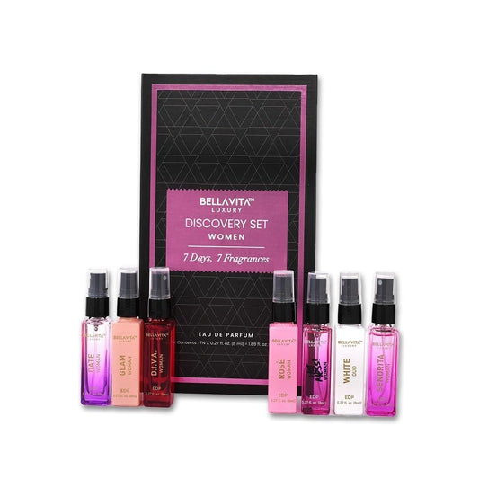 Bellavita Luxury Women's Perfume Discovery Gift Set – 7 x 8 ml Eau de Parfum mit floralen, frischen und fruchtigen Düften – Ideal als Geschenk für Muttertag