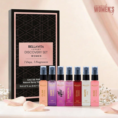 Bellavita Luxury Women's Perfume Discovery Gift Set – 7 x 8 ml Eau de Parfum mit floralen, frischen und fruchtigen Düften – Ideal als Geschenk für Muttertag