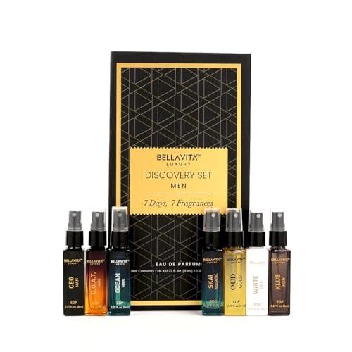 Bellavita Luxury Herren Parfüm Discovery Geschenkset mit CEO Man, G.O.A.T., OCEAN, Skai, Gold Oud, White Oud und Klub | 56 ml | Herrendüfte | Holzige, Zitrus-, Frische, Orientalische Duftnoten
