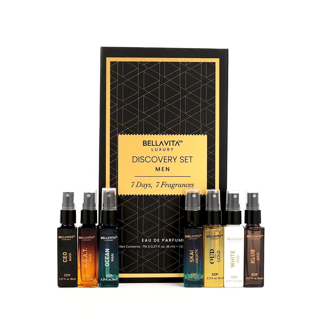 Bellavita Luxury Herren Parfüm Discovery Geschenkset mit CEO Man, G.O.A.T., OCEAN, Skai, Gold Oud, White Oud und Klub | 56 ml | Herrendüfte | Holzige, Zitrus-, Frische, Orientalische Duftnoten