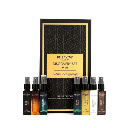 Bellavita Luxury Herren Parfüm Discovery Geschenkset mit CEO Man, G.O.A.T., OCEAN, Skai, Gold Oud, White Oud und Klub | 56 ml | Herrendüfte | Holzige, Zitrus-, Frische, Orientalische Duftnoten