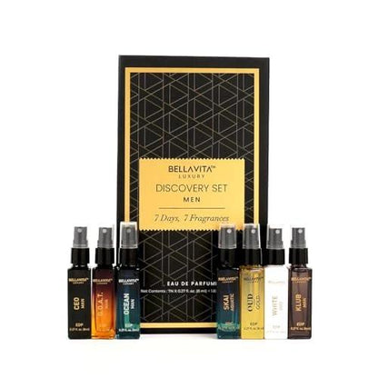 Bellavita Luxury Herren Parfüm Discovery Geschenkset mit CEO Man, G.O.A.T., OCEAN, Skai, Gold Oud, White Oud und Klub | 56 ml | Herrendüfte | Holzige, Zitrus-, Frische, Orientalische Duftnoten