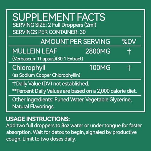 Mullein-Tropfen für die Lunge 2 Fl Oz – Mulleinblattextrakt mit Chlorophyll – Natürliches pflanzliches Nahrungsergänzungsmittel zur Lungenreinigung, Atemwegsunterstützung, Stärkung des Immunsystems, Verdauungswohlbefinden