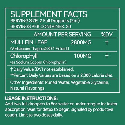 Mullein-Tropfen für die Lunge 2 Fl Oz – Mulleinblattextrakt mit Chlorophyll – Natürliches pflanzliches Nahrungsergänzungsmittel zur Lungenreinigung, Atemwegsunterstützung, Stärkung des Immunsystems, Verdauungswohlbefinden
