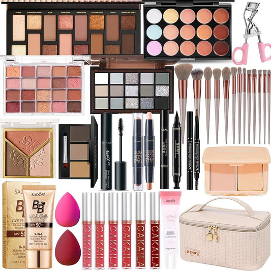 All-in-One Makeup Set für Frauen – Komplettes Make-up-Set für Reisen, Geschenkset für Frauen, Teenager & Mädchen mit Lidschatten, Lippenstift, Eyeliner, Augenbrauenstift und Pinselset – Ideal für Anfänger und Profis