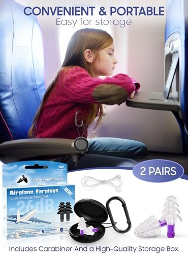 Gehörschutz-Ohrstöpsel für Flugzeug-Druckausgleich, 2 Paar für Kinder ab 6 Jahren und Erwachsene mit schmalem Gehörgang, 26 dB Dämpfung, inkl. Silikon-Verbindungskabel, Reise-Essentials für Flugreisen, Ohrenschutz