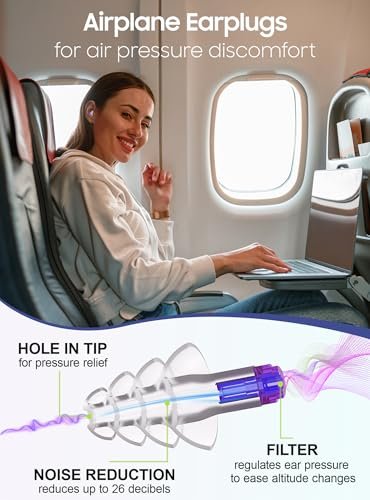 Gehörschutz-Ohrstöpsel für Flugzeug-Druckausgleich, 2 Paar für Kinder ab 6 Jahren und Erwachsene mit schmalem Gehörgang, 26 dB Dämpfung, inkl. Silikon-Verbindungskabel, Reise-Essentials für Flugreisen, Ohrenschutz
