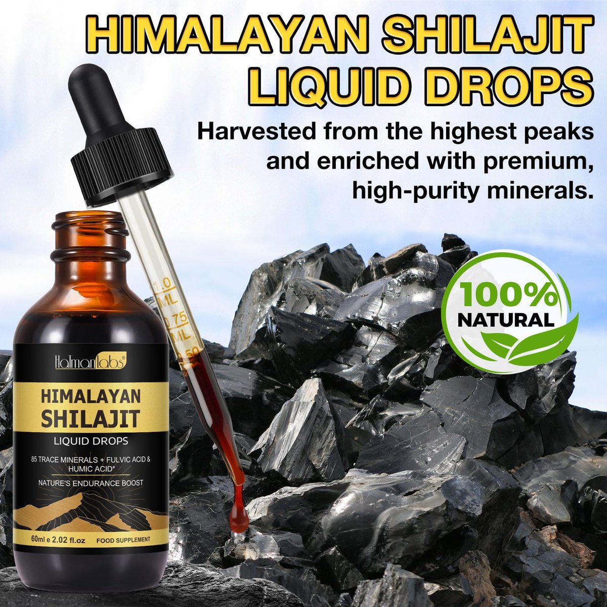 Shilajit Reines Himalaya Bio Harz Tropfen – Flüssiges Gold Nahrungsergänzungsmittel mit 85+ Spurenelementen für Männer & Frauen (2,02 Fl Oz / 60 ml)