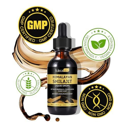 Shilajit Reines Himalaya Bio Harz Tropfen – Flüssiges Gold Nahrungsergänzungsmittel mit 85+ Spurenelementen für Männer & Frauen (2,02 Fl Oz / 60 ml)