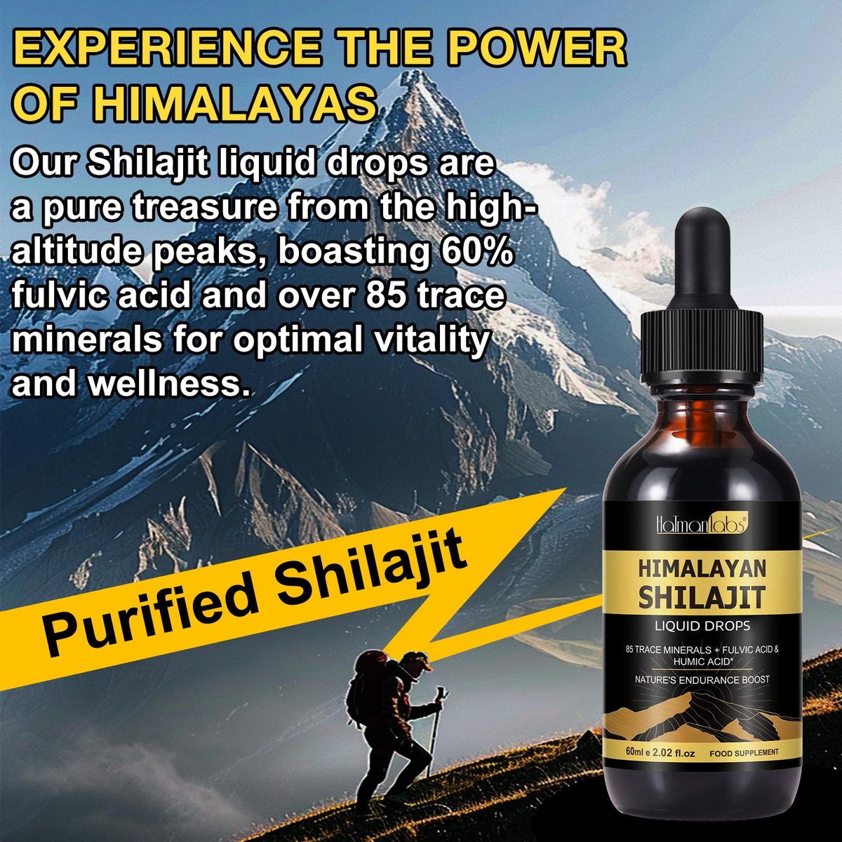 Shilajit Reines Himalaya Bio Harz Tropfen – Flüssiges Gold Nahrungsergänzungsmittel mit 85+ Spurenelementen für Männer & Frauen (2,02 Fl Oz / 60 ml)