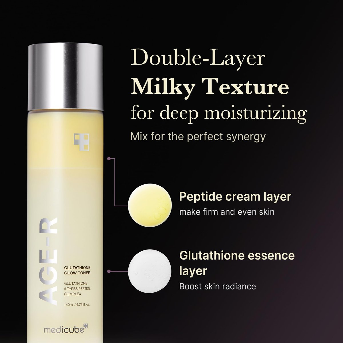 medicube Age-R Glutathione Glow Milky Toner – Doppelschicht-Toner für strahlende Glasglashaut mit Peptiden, 140 ml