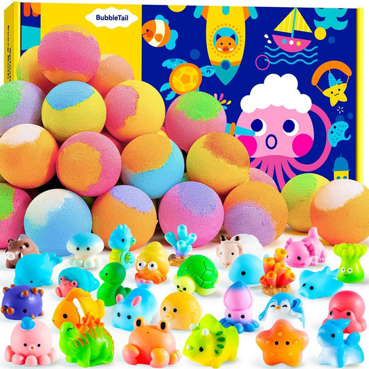 BubbleTail Badebomben für Kinder mit Überraschung im Inneren – 28 lustige Fizz-Badebomben mit Land- und Meerestierfiguren, kinderfreundlich & ungiftig, Geburtstagsparty-Geschenke, Weihnachtsstrumpffüller für Mädchen und Jungen