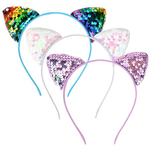 Qianyu 3er-Pack Wendiges Katzenohren-Stirnband mit Glitzer und Pailletten – Glänzendes Katzen-Haarband für Frauen und Mädchen, für den Alltag und Partys