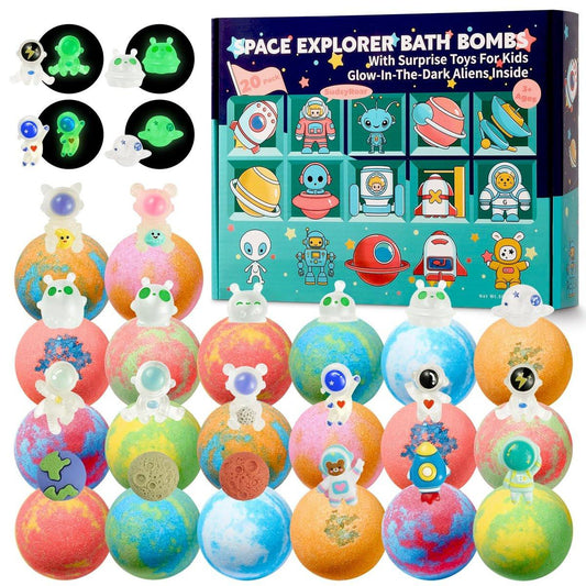 20er-Pack Galaxy-Badebomben für Kinder mit Weltraum-Entdecker-Spielzeugen, kosmisches Abenteuer-Kinderbadebomben mit Astronauten, Raketen, Planeten & leuchtenden Außerirdischen im Inneren, Geschenke zum Schuljahresende