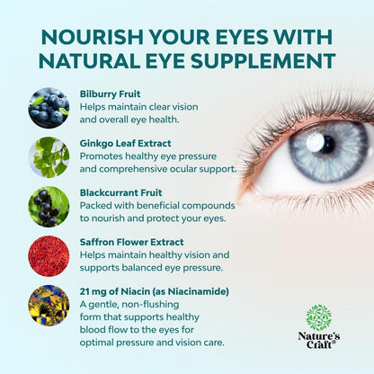 Natures Craft Augendruck-Unterstützung mit Heidelbeerextrakt - Veganes Augen Gesundheitsergänzungsmittel für Erwachsene zur Entlastung des Augendrucks mit Safran, Ginkgo, Niacin und mehr Vitaminen - 30 Kapseln