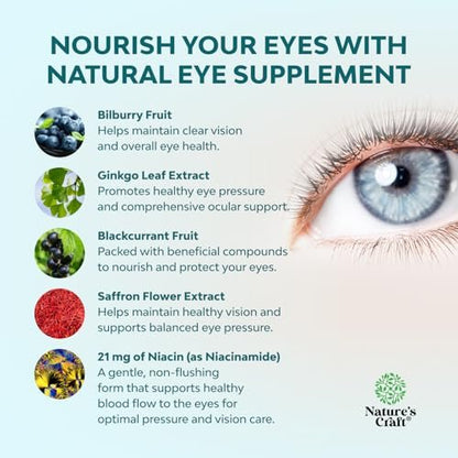 Natures Craft Augendruck-Unterstützung mit Heidelbeerextrakt - Veganes Augen Gesundheitsergänzungsmittel für Erwachsene zur Entlastung des Augendrucks mit Safran, Ginkgo, Niacin und mehr Vitaminen - 30 Kapseln