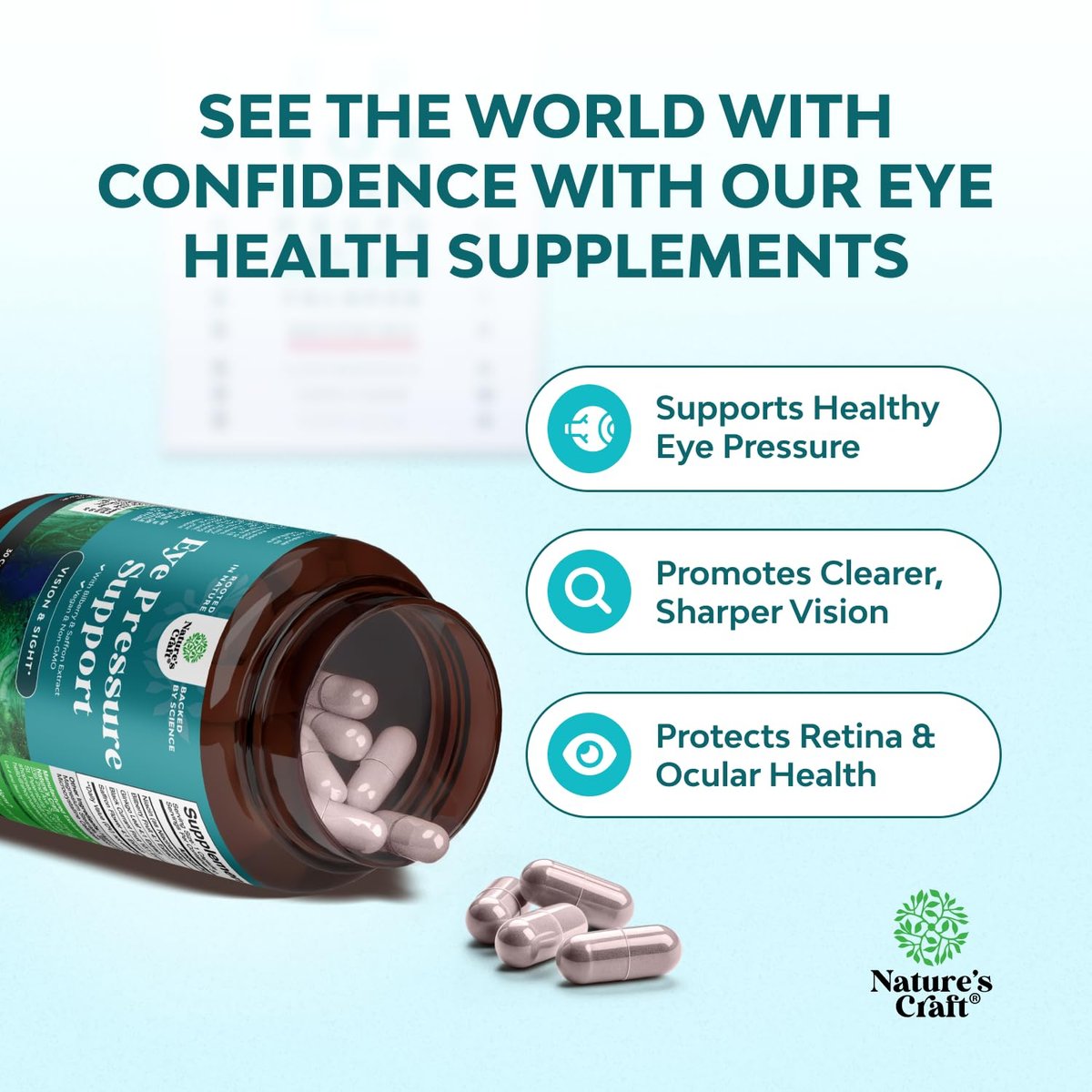 Natures Craft Augendruck-Unterstützung mit Heidelbeerextrakt - Veganes Augen Gesundheitsergänzungsmittel für Erwachsene zur Entlastung des Augendrucks mit Safran, Ginkgo, Niacin und mehr Vitaminen - 30 Kapseln