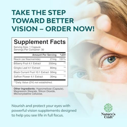 Natures Craft Augendruck-Unterstützung mit Heidelbeerextrakt - Veganes Augen Gesundheitsergänzungsmittel für Erwachsene zur Entlastung des Augendrucks mit Safran, Ginkgo, Niacin und mehr Vitaminen - 30 Kapseln