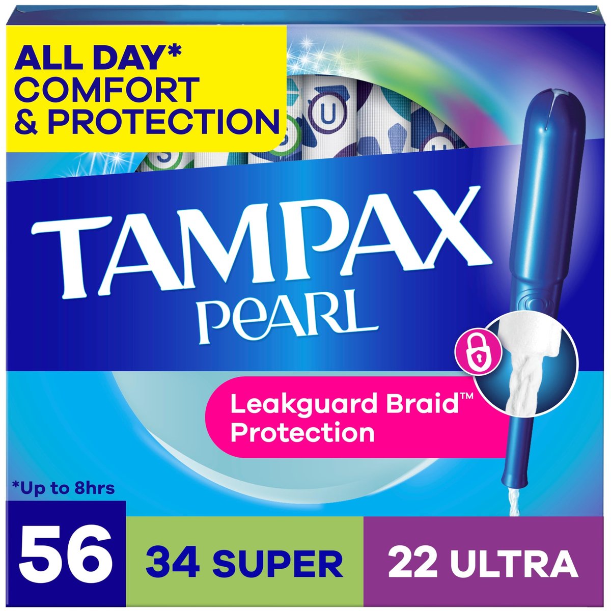 Tampax Pearl Tampons für Frauen Multipack, mit LeakGuard-Braid, Super/Ultra Saugstärke, unparfümiert, 56 Stück