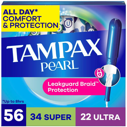 Tampax Pearl Tampons für Frauen Multipack, mit LeakGuard-Braid, Super/Ultra Saugstärke, unparfümiert, 56 Stück