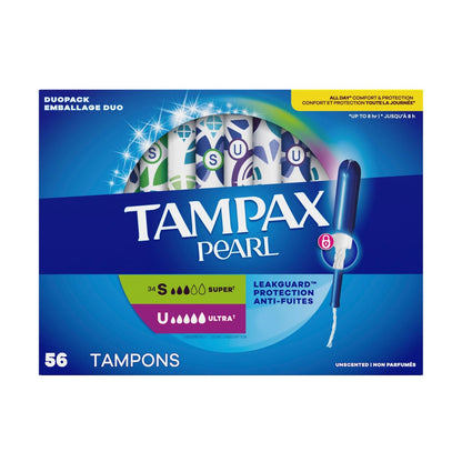 Tampax Pearl Tampons für Frauen Multipack, mit LeakGuard-Braid, Super/Ultra Saugstärke, unparfümiert, 56 Stück