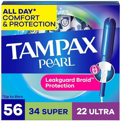 Tampax Pearl Tampons für Frauen Multipack, mit LeakGuard-Braid, Super/Ultra Saugstärke, unparfümiert, 56 Stück