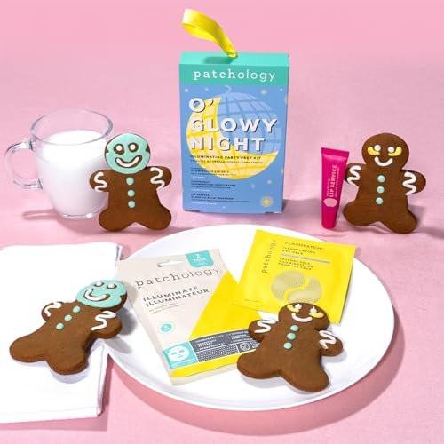 Patchology O' Glowy Night: Party Prep Set - Aufhellende Gesichts-, Augen- & Lippenmasken für sofortigen Glow, Vitamin C Sheet Mask, Augenpads plus Rosenlippenmaske mit Resveratrol - Geschenkidee