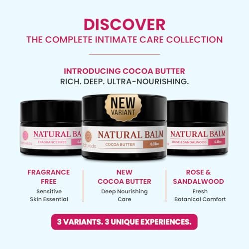 Natruveda Vulva Balm Discovery Pack – Duftfrei, Kakao & Rosen-Sandelholz | Feuchtigkeitscreme für Trockenheit, Juckreiz, Scheuern & Geruch | Natürliche Intimpflege – 0,35 oz Gläser (3er-Pack)