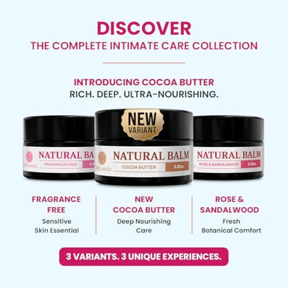 Natruveda Vulva Balm Discovery Pack – Duftfrei, Kakao & Rosen-Sandelholz | Feuchtigkeitscreme für Trockenheit, Juckreiz, Scheuern & Geruch | Natürliche Intimpflege – 0,35 oz Gläser (3er-Pack)